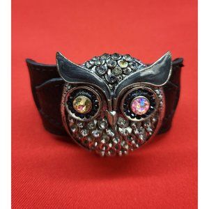 Silver Tone Rhinestones Owl Leather Cuff Bracelet